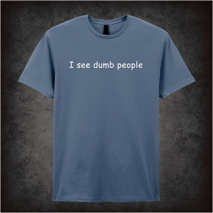 “‘I see dumb people’ T-shirt in indigo from The IT Crowd”