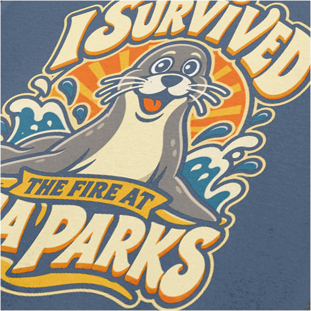 “‘I survived the fire at Sea Parks’ close up T-shirt in indigo from The IT Crowd”