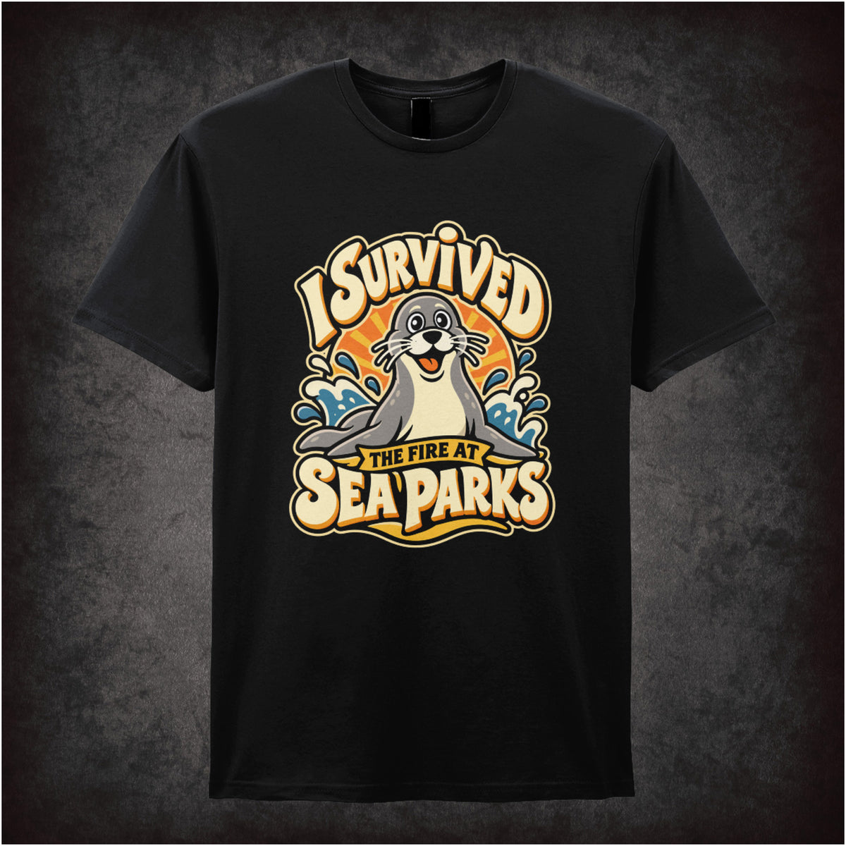 “‘I survived the fire at Sea Parks’ T-shirt in black  from The IT Crowd”