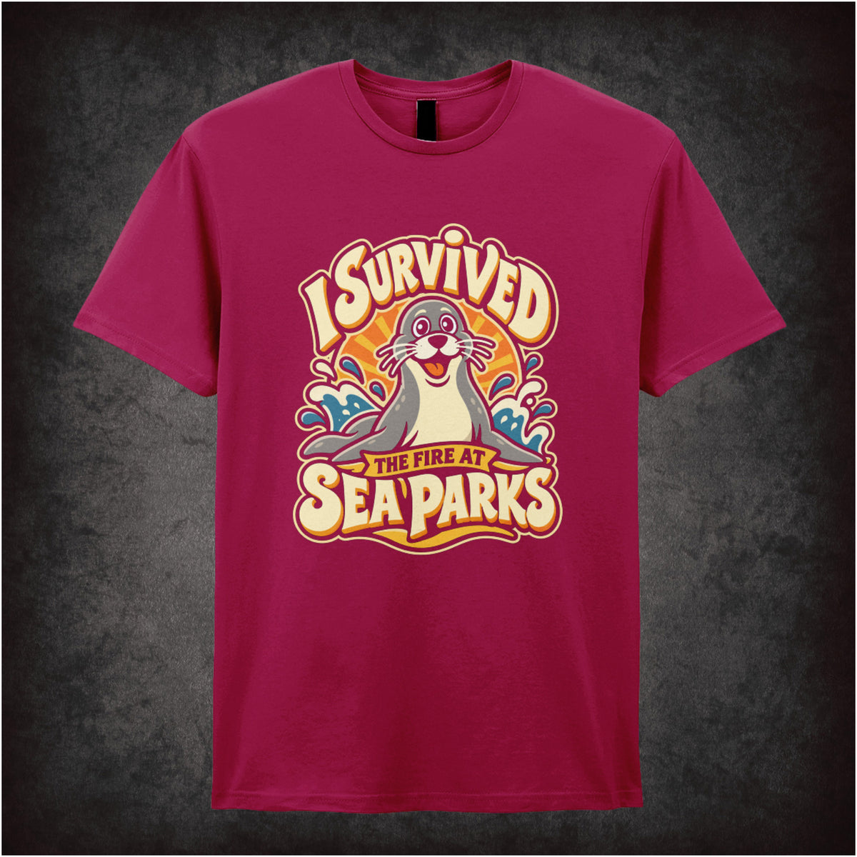 “‘I survived the fire at Sea Parks’ T-shirt in cardinal red from The IT Crowd”