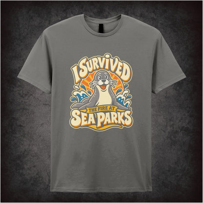 “‘I survived the fire at Sea Parks’ T-shirt in charcoal from The IT Crowd”