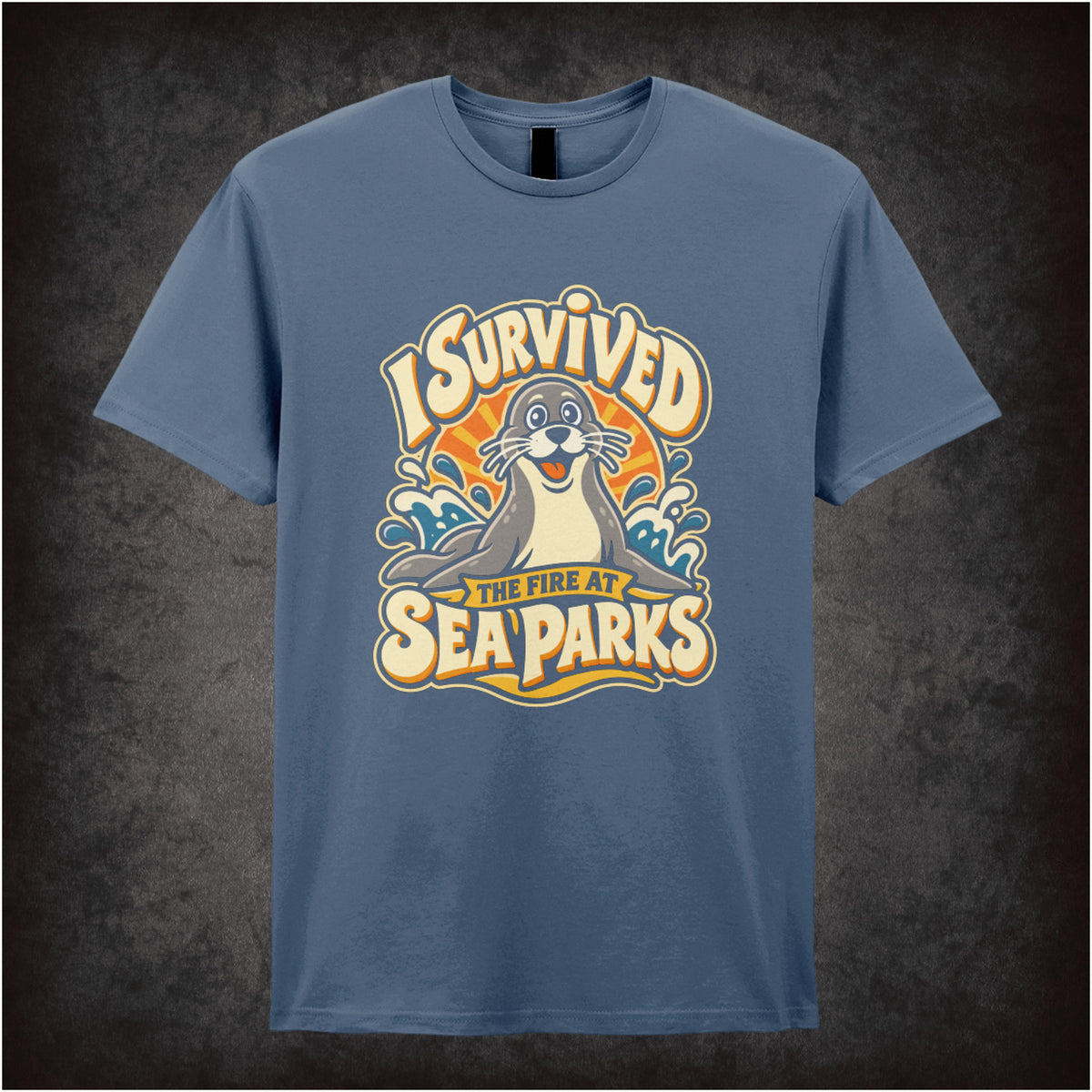 “‘I survived the fire at Sea Parks’ T-shirt in indigo from The IT Crowd”