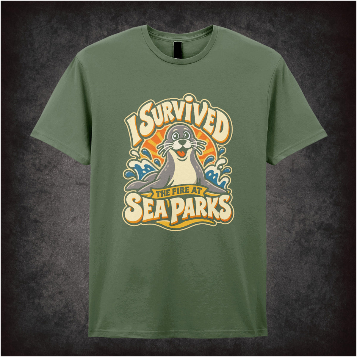 “‘I survived the fire at Sea Parks’ T-shirt in military green from The IT Crowd”