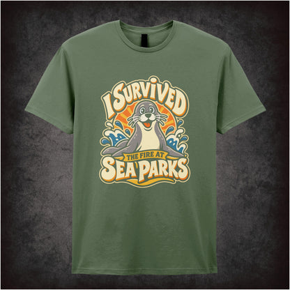 “‘I survived the fire at Sea Parks’ T-shirt in military green from The IT Crowd”