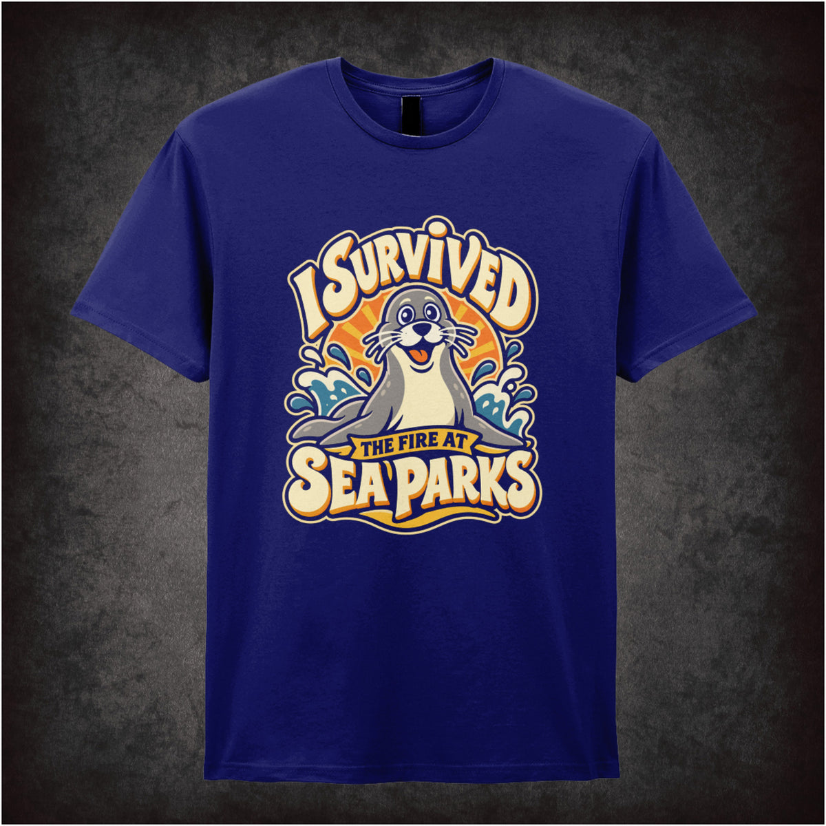 “‘I survived the fire at Sea Parks’ T-shirt in navy from The IT Crowd”