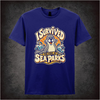 “‘I survived the fire at Sea Parks’ T-shirt in navy from The IT Crowd”