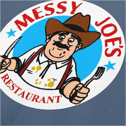 “‘Messy Joe’s Restaurant’ close up T-shirt in indigo from The IT Crowd”