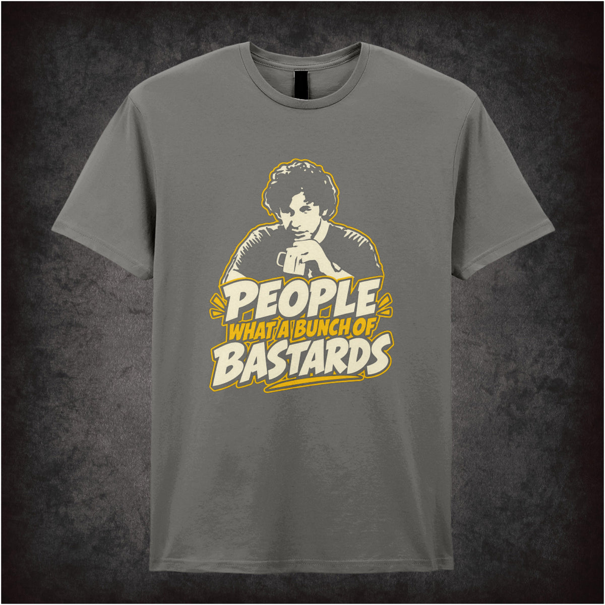 “Roy ‘People… what a bunch of bastards’ T-shirt in charcoal from The IT Crowd”