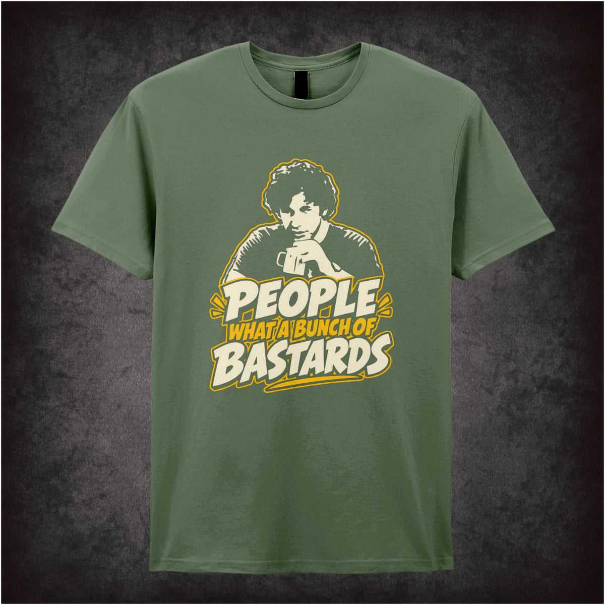 “Roy ‘People… what a bunch of bastards’ T-shirt in military green from The IT Crowd”