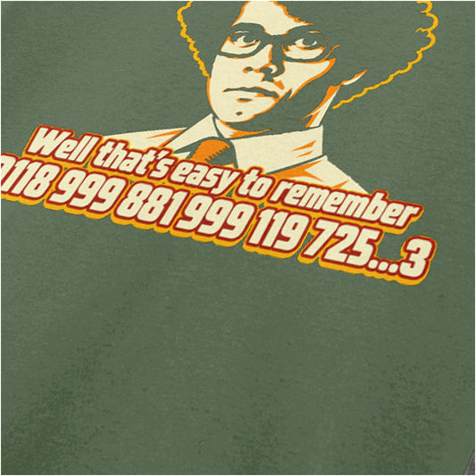 “Moss ‘0118 999 881 999 119 725…3’ close up T-shirt in military green from The IT Crowd”