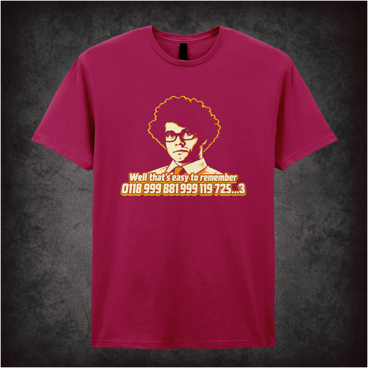 “Moss ‘0118 999 881 999 119 725…3’ T-shirt in cardinal red from The IT Crowd”