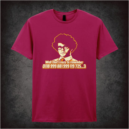 “Moss ‘0118 999 881 999 119 725…3’ T-shirt in cardinal red from The IT Crowd”