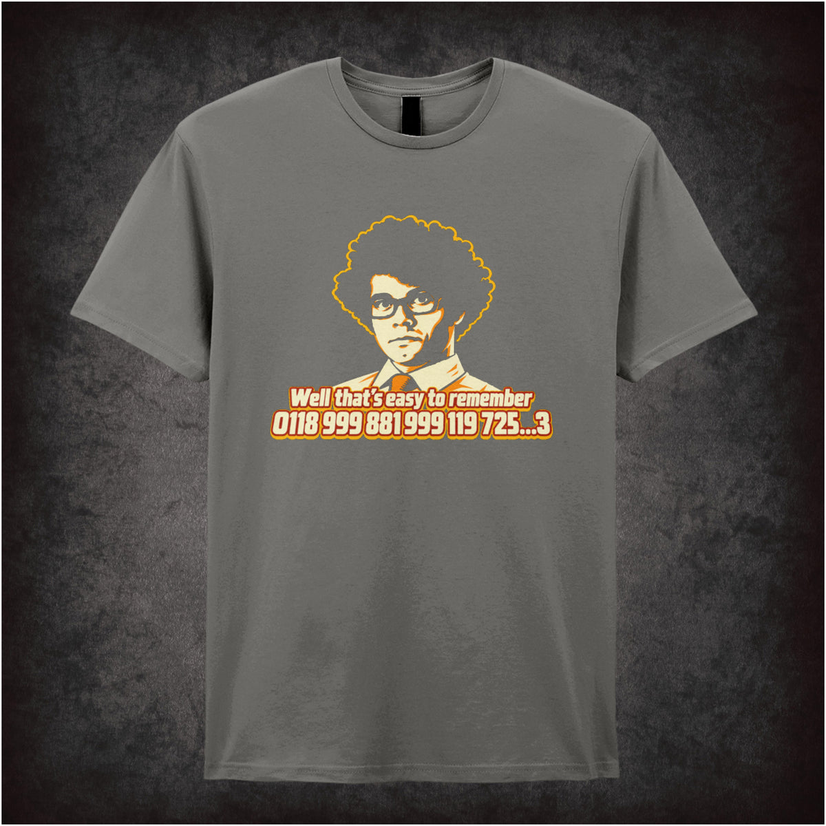 “Moss ‘0118 999 881 999 119 725…3’ T-shirt in charcoal from The IT Crowd”