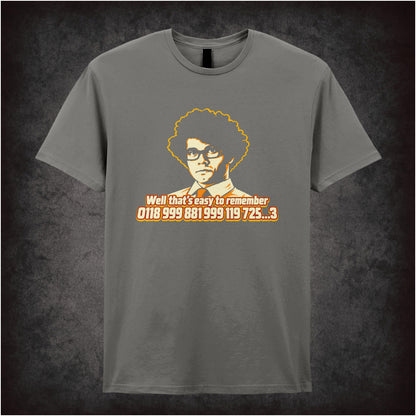 “Moss ‘0118 999 881 999 119 725…3’ T-shirt in charcoal from The IT Crowd”