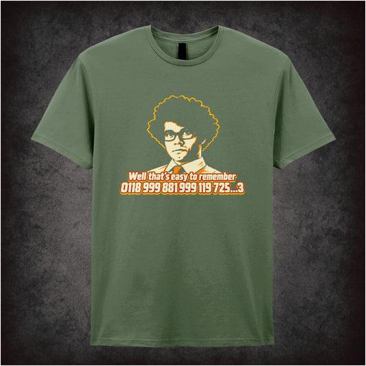 “Moss ‘0118 999 881 999 119 725…3’ T-shirt in military green from The IT Crowd”