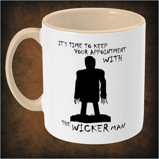 Time to keep your appointment with the Wicker Man’ two-toned mug inspired by The Wicker Man, left hand side featuring classic folk horror quote, vintage design, and collectible movie merchandise.