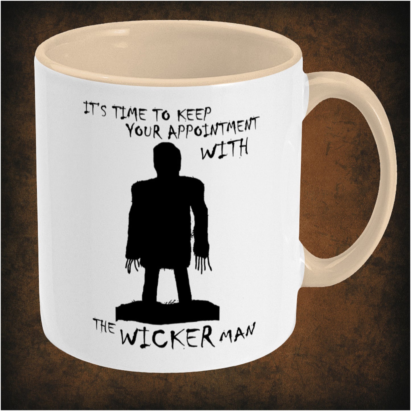 Time to keep your appointment with the Wicker Man’ two-toned mug inspired by The Wicker Man, right hand side featuring classic folk horror quote, vintage design, and collectible movie merchandise.
