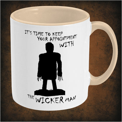 Time to keep your appointment with the Wicker Man’ two-toned mug inspired by The Wicker Man, right hand side featuring classic folk horror quote, vintage design, and collectible movie merchandise.