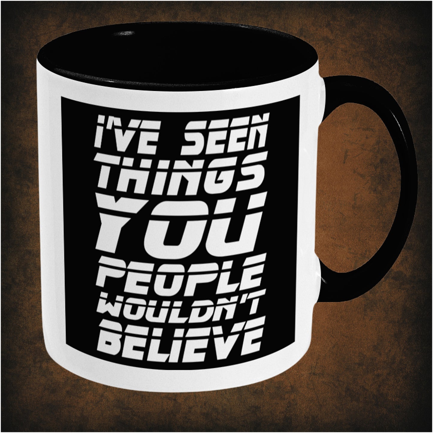 I’ve Seen Things You People Wouldn’t Believe’ two-toned mug inspired by Blade Runner, right hand side featuring iconic sci-fi movie quote, futuristic design, and collectible cyberpunk merchandise for fans.