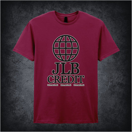cardinal red soft style unisex T-shirt featuring the JLB Credit International logo inspired by Peep Show, designed in a clean, corporate style.