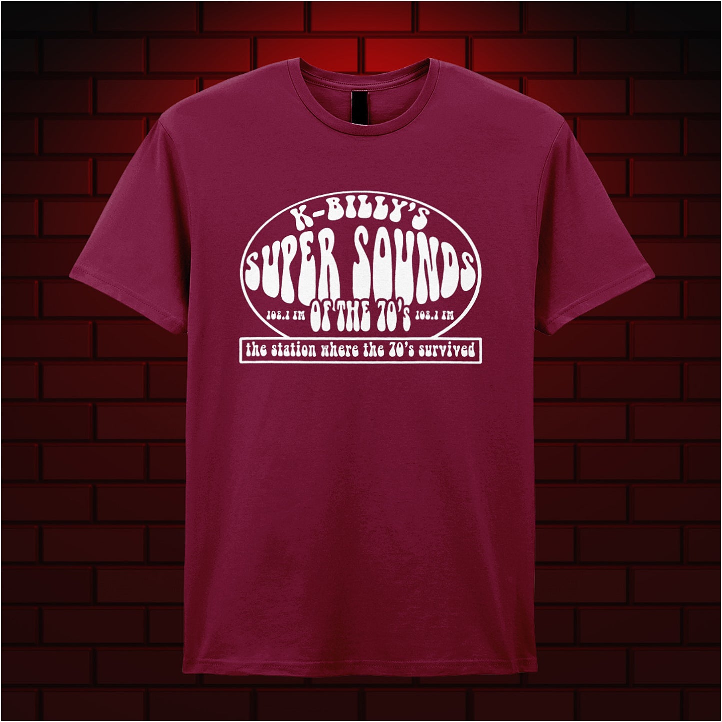cardinal red unisex T-shirt featuring “K-Billy's Super Sounds Of The '70s” design inspired by Reservoir Dogs, displayed in bold retro-style white lettering.