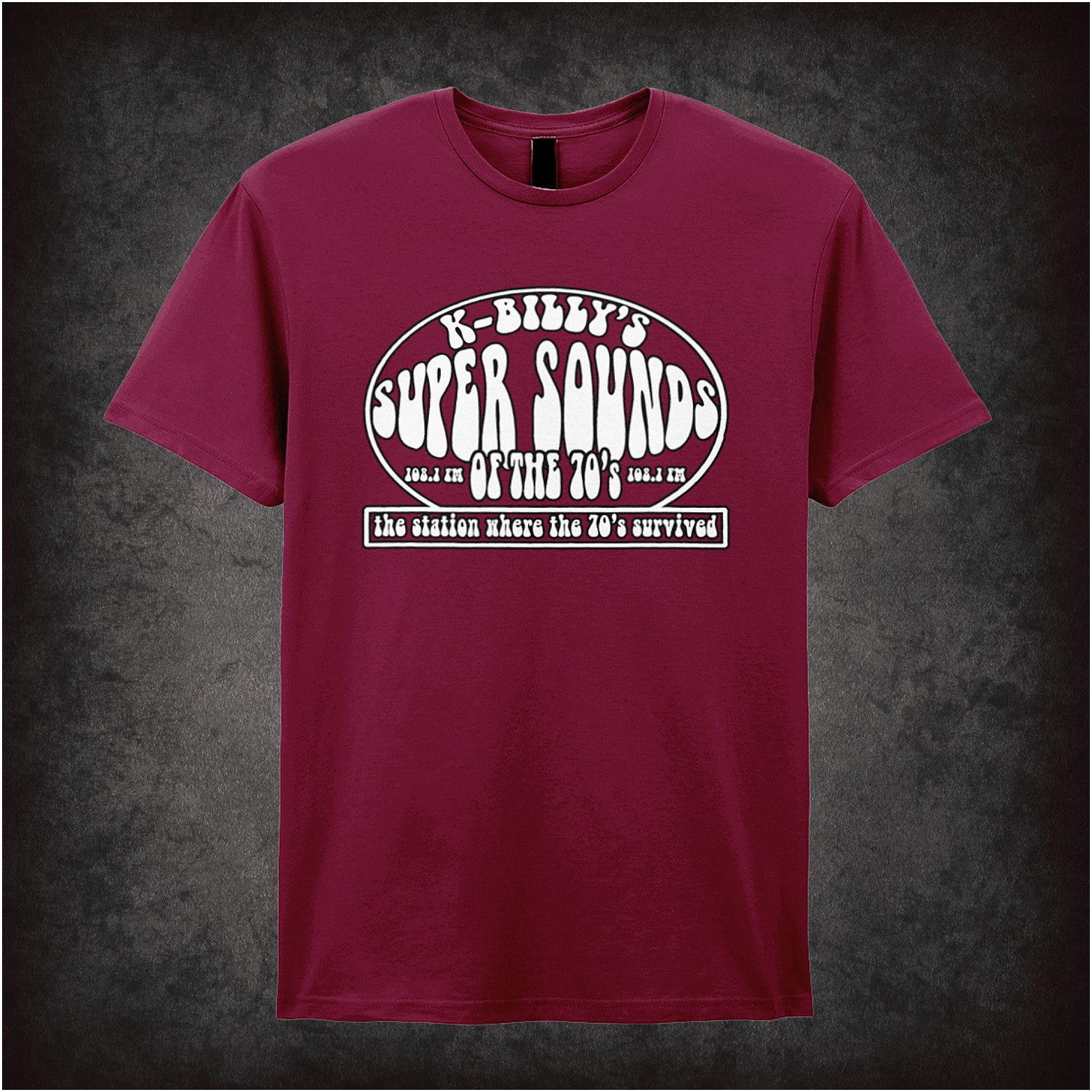 cardinal red unisex T-shirt featuring “K-Billy's Super Sounds Of The '70s” design inspired by Reservoir Dogs, displayed in bold retro-style white lettering.