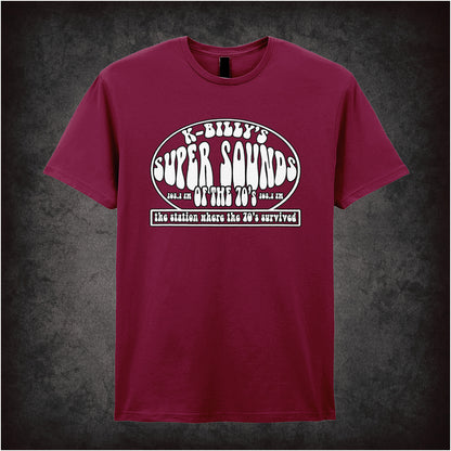 cardinal red unisex T-shirt featuring “K-Billy's Super Sounds Of The '70s” design inspired by Reservoir Dogs, displayed in bold retro-style white lettering.