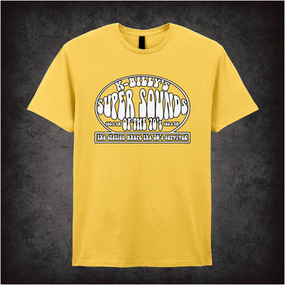 daisy unisex T-shirt featuring “K-Billy's Super Sounds Of The '70s” design inspired by Reservoir Dogs, displayed in bold retro-style white lettering.