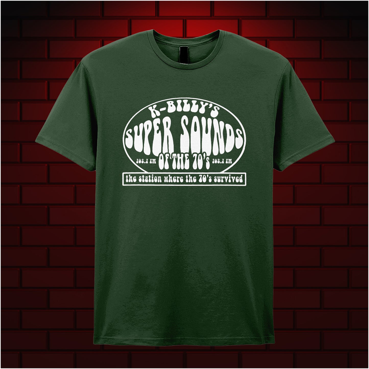 forest unisex T-shirt featuring “K-Billy's Super Sounds Of The '70s” design inspired by Reservoir Dogs, displayed in bold retro-style white lettering.