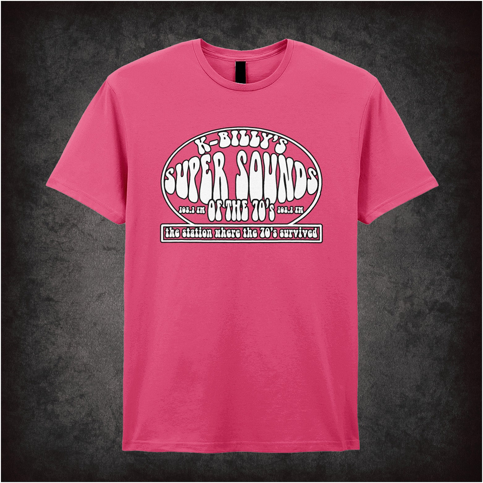 heliconia unisex T-shirt featuring “K-Billy's Super Sounds Of The '70s” design inspired by Reservoir Dogs, displayed in bold retro-style white lettering.