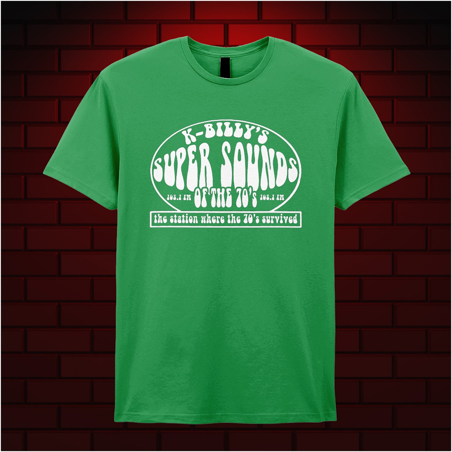 irish green unisex T-shirt featuring “K-Billy's Super Sounds Of The '70s” design inspired by Reservoir Dogs, displayed in bold retro-style white lettering.