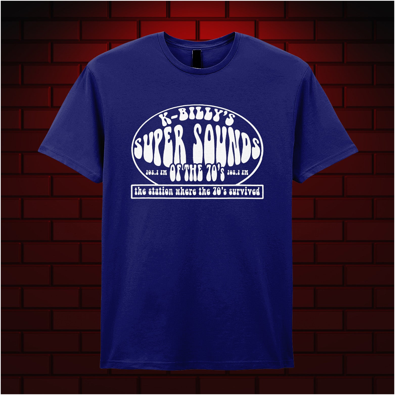 navy unisex T-shirt featuring “K-Billy's Super Sounds Of The '70s” design inspired by Reservoir Dogs, displayed in bold retro-style white lettering.