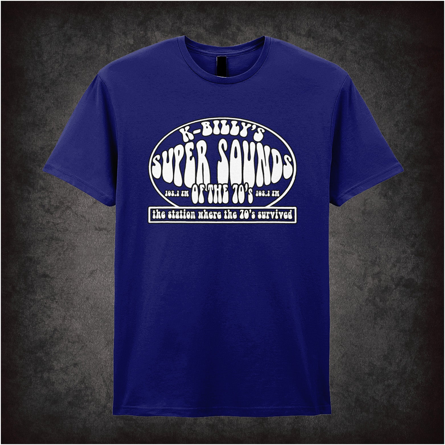 navy unisex T-shirt featuring “K-Billy's Super Sounds Of The '70s” design inspired by Reservoir Dogs, displayed in bold retro-style white lettering.