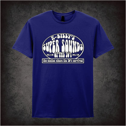 navy unisex T-shirt featuring “K-Billy's Super Sounds Of The '70s” design inspired by Reservoir Dogs, displayed in bold retro-style white lettering.