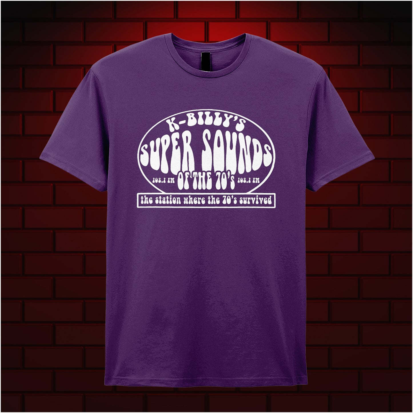 purple unisex T-shirt featuring “K-Billy's Super Sounds Of The '70s” design inspired by Reservoir Dogs, displayed in bold retro-style white lettering.