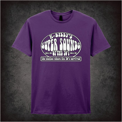 purple unisex T-shirt featuring “K-Billy's Super Sounds Of The '70s” design inspired by Reservoir Dogs, displayed in bold retro-style white lettering.