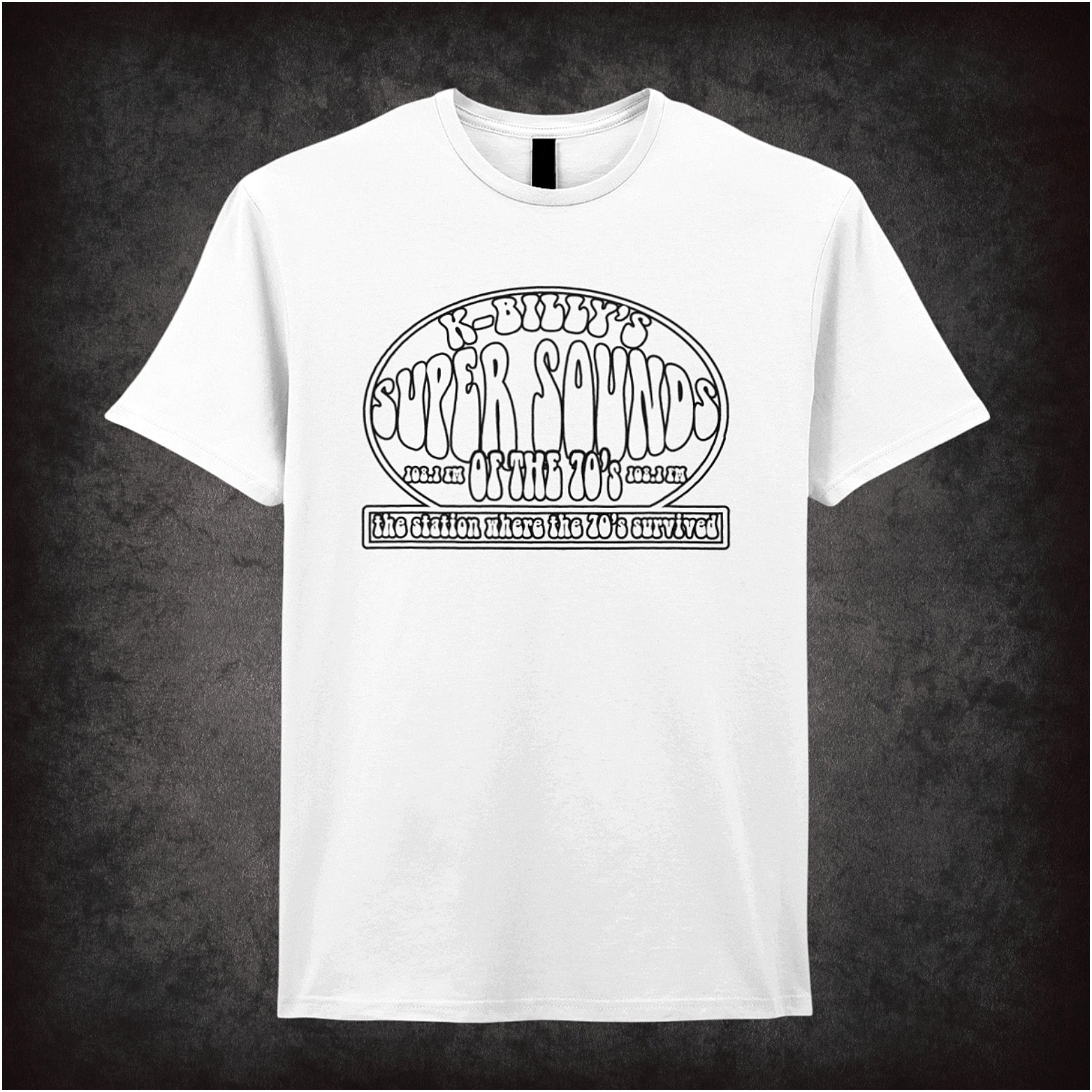 white unisex T-shirt featuring “K-Billy's Super Sounds Of The '70s” design inspired by Reservoir Dogs, displayed in bold retro-style white lettering.