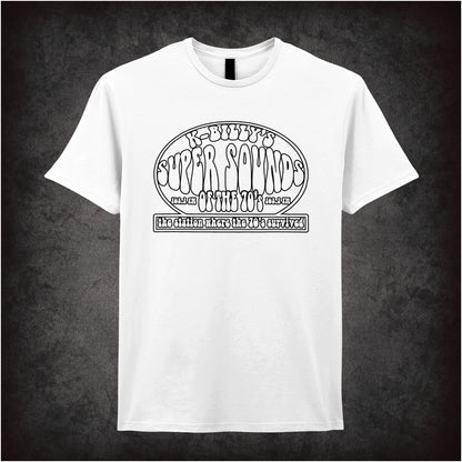 white unisex T-shirt featuring “K-Billy's Super Sounds Of The '70s” design inspired by Reservoir Dogs, displayed in bold retro-style white lettering.