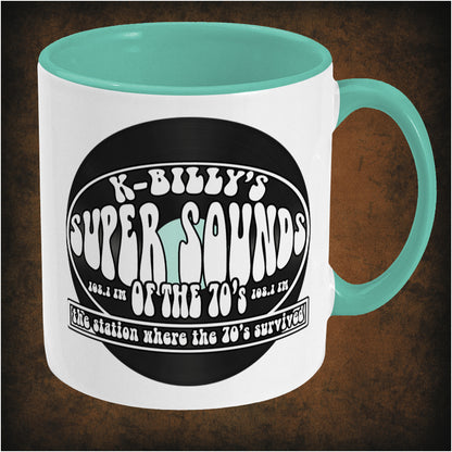 K-Billy’s Super Sounds of the ’70s two-toned mug inspired by Reservoir Dogs, right hand side featuring retro radio station design, iconic Tarantino movie reference, and collectible cult film merchandise.