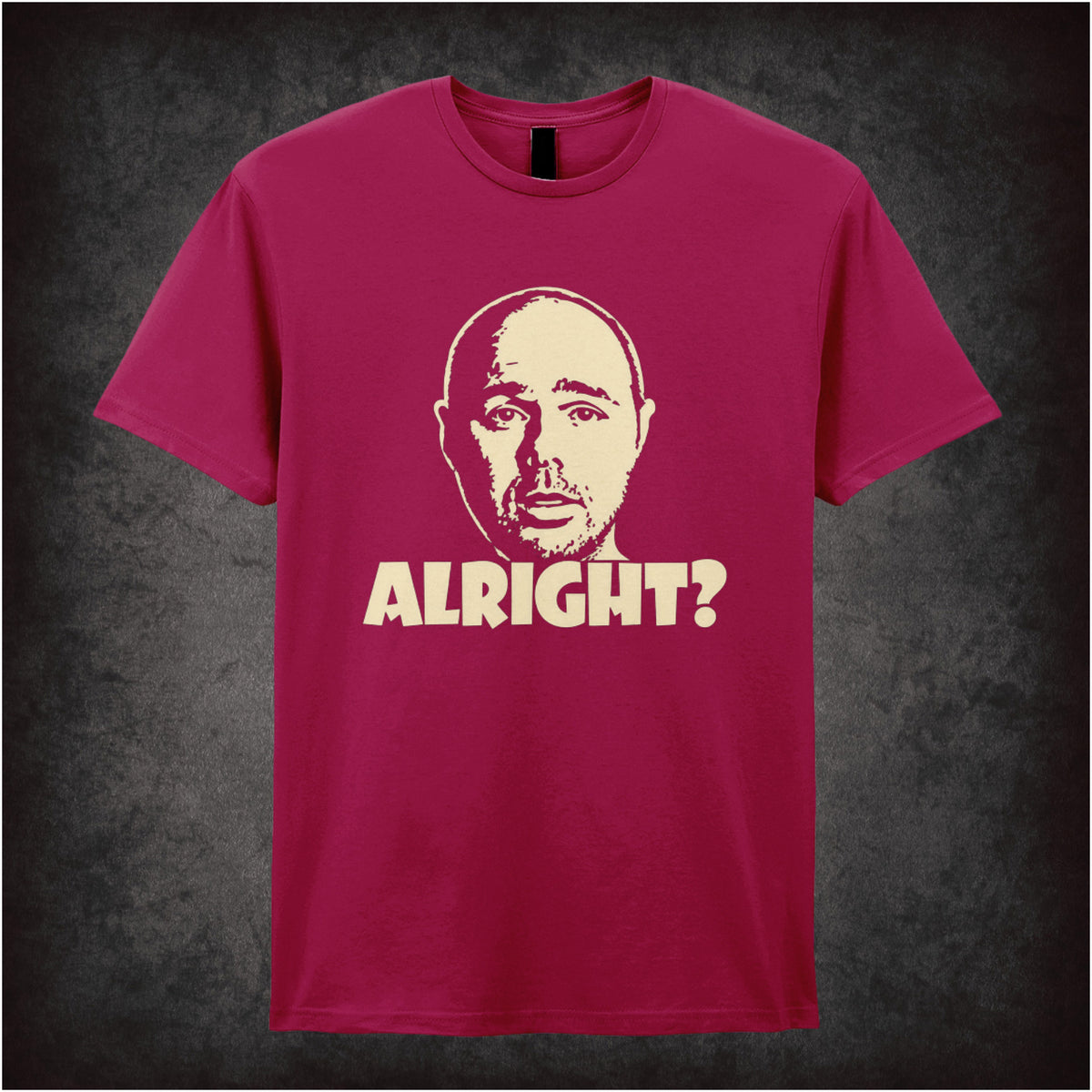 “Karl Pilkington ‘Alright?’ T-shirt in cardinal red from Karl Pilkington”