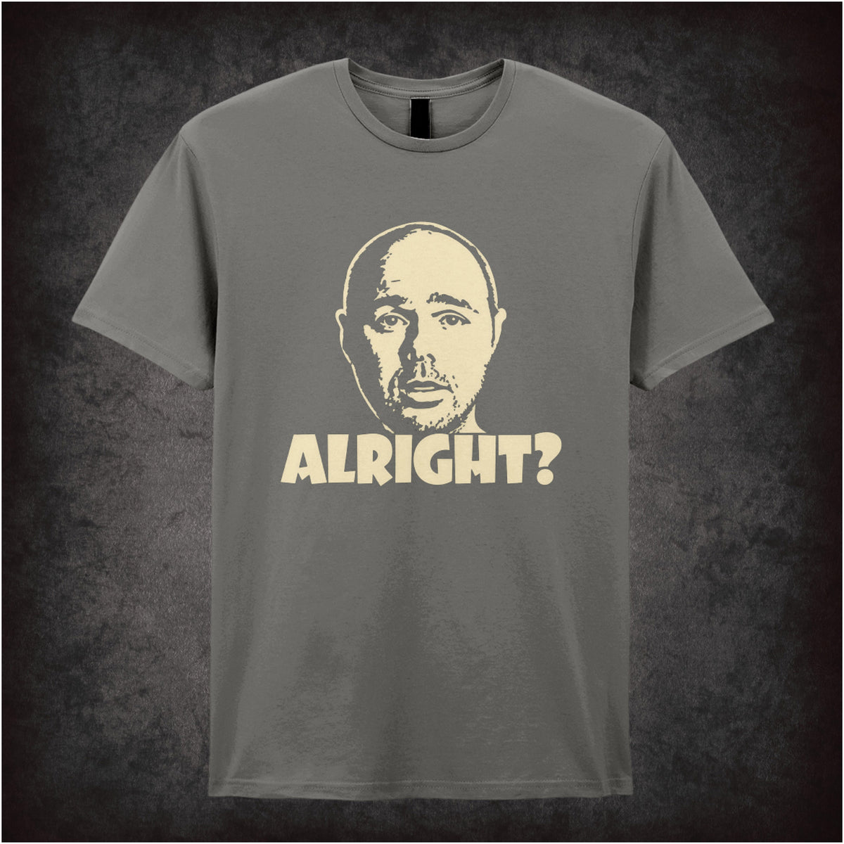“Karl Pilkington ‘Alright?’ T-shirt in charcoal from Karl Pilkington”