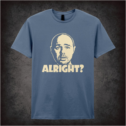 “Karl Pilkington ‘Alright?’ T-shirt in indigo from Karl Pilkington”