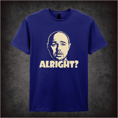 “Karl Pilkington ‘Alright?’ T-shirt in navy from Karl Pilkington”