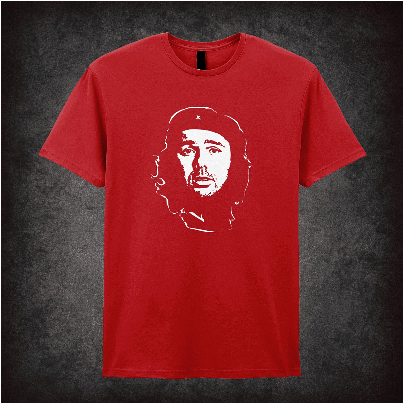 red soft style unisex T-shirt featuring a Che Guevara-style graphic of Karl Pilkington, blending iconic revolutionary imagery with comedic flair.