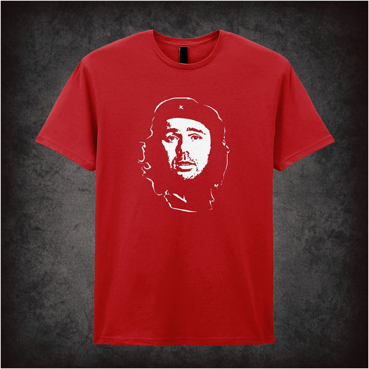 red soft style unisex T-shirt featuring a Che Guevara-style graphic of Karl Pilkington, blending iconic revolutionary imagery with comedic flair.