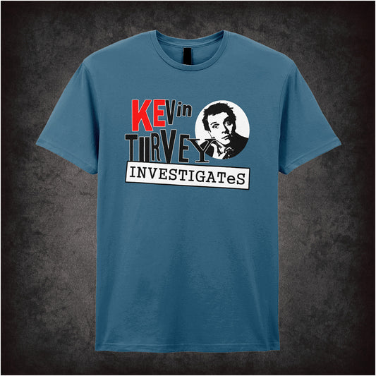 indigo unisex T-shirt featuring the word “Investigates” inspired by Kevin Turvey, with simple, bold lettering.
