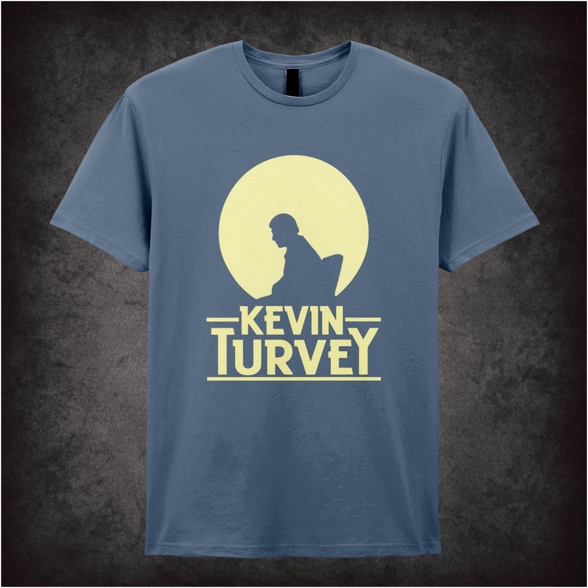 “‘Kevin Turvey silhouette’ T-shirt in indigo from Kevin Turvey (Rik Mayall)”