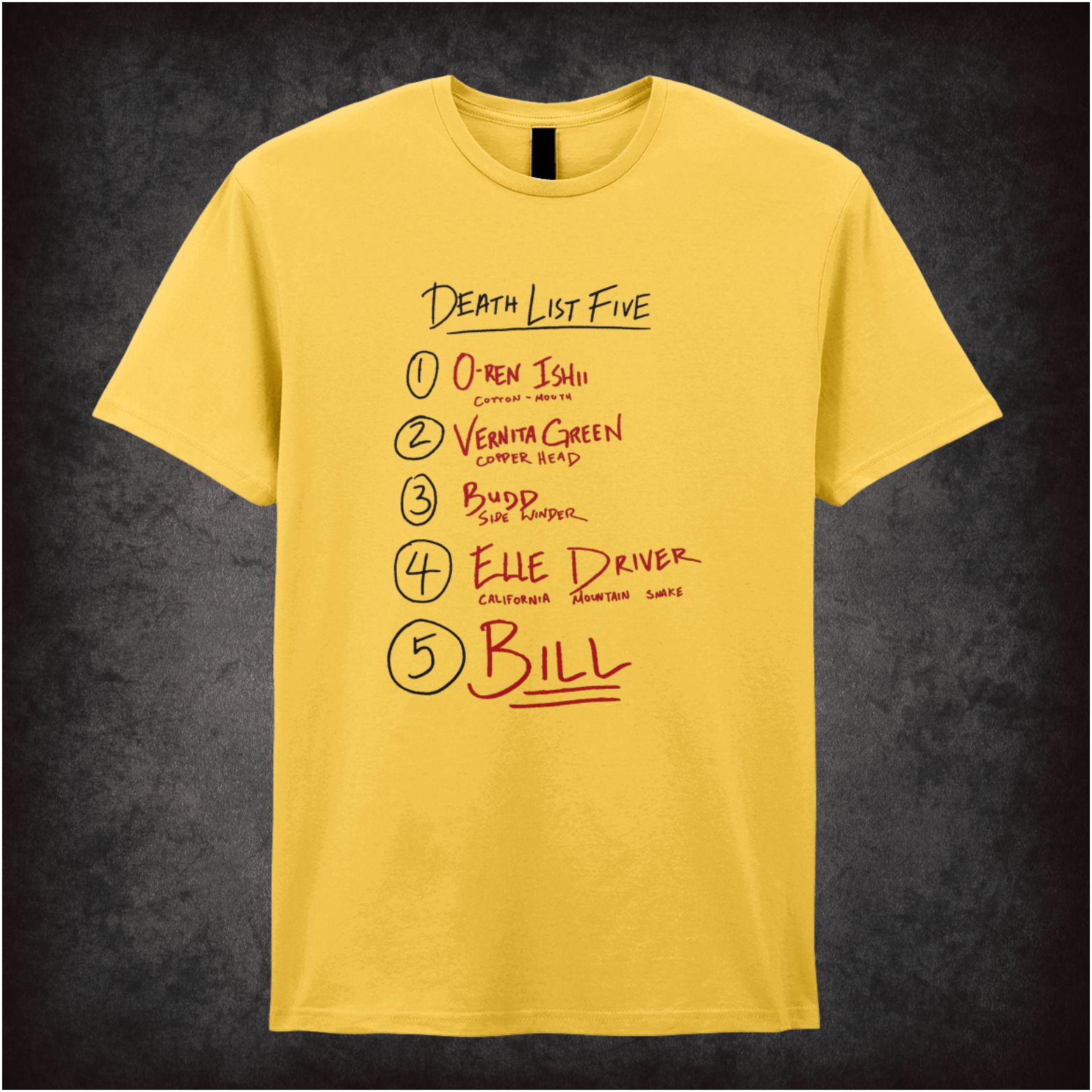 Death List Five Kill Bill inspired unisex T-shirt with graphic design