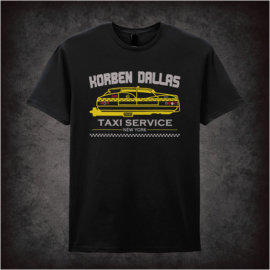 Black unisex t-shirt featuring a bold graphic for “Korben Dallas Taxi Service” inspired by The Fifth Element, with futuristic typography and a flying taxi design.