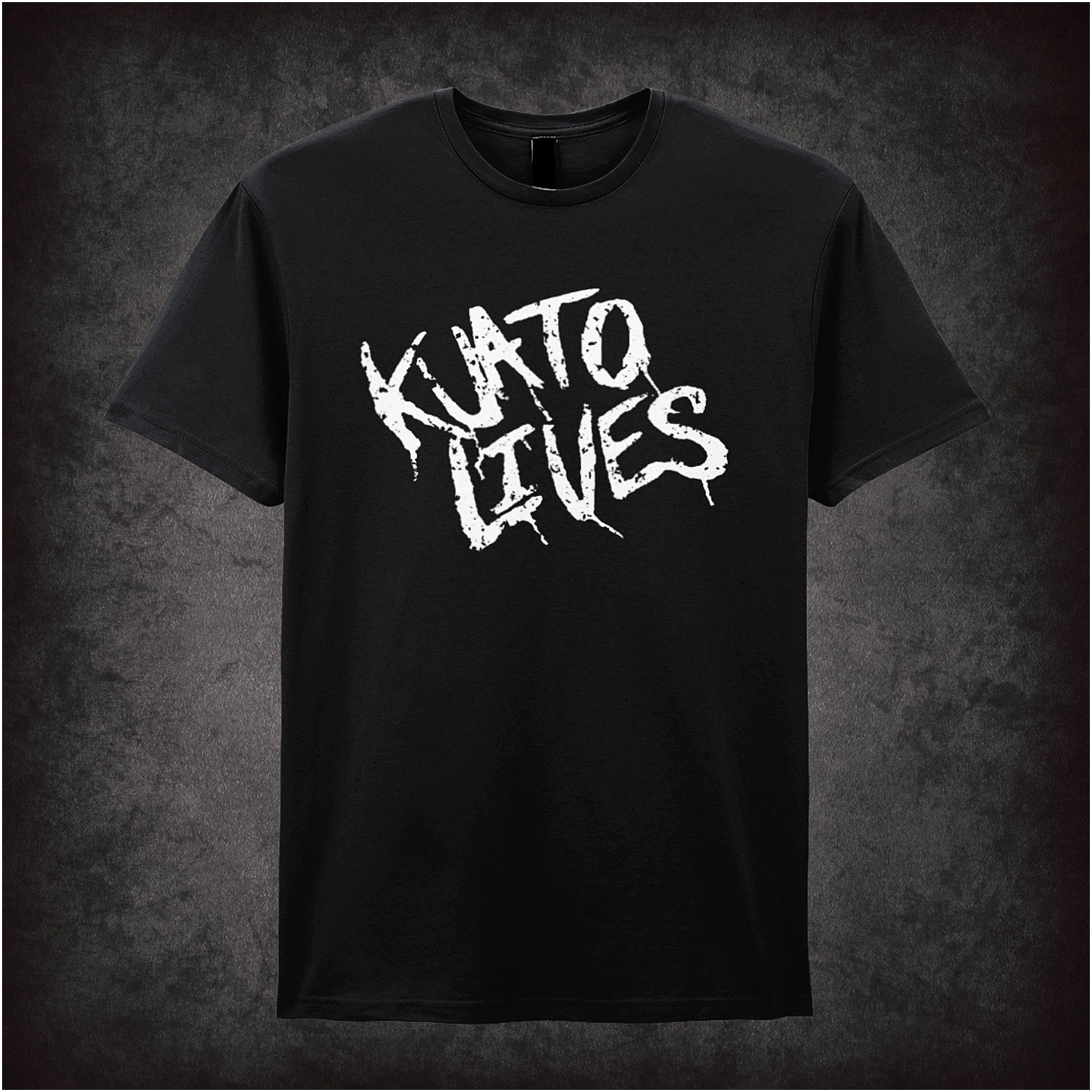 black unisex t-shirt featuring the phrase "Kuato Lives" in bold yellow font, inspired by Total Recall.